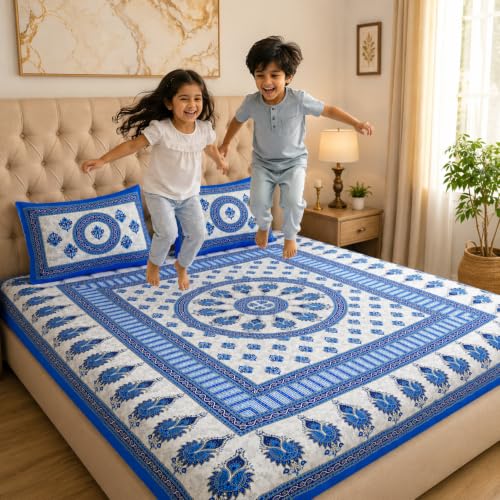Image of JAIPUR PRINTS 100% Cotton Bedsheet for Double Size Bed bedsheets Rajasthani Jaipuri Printed Double Size Bedsheet with 2 Pillow Cover / 90x100 inch / 235x215 cm / (Blue & White)