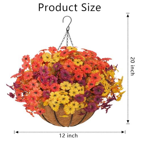 Image of 2 Set Artificial Fall Hanging Flower Baskets for Outdoor Autumn Decor, 24 Pcs Silk Mums Fake Plants for Garden Porch Patio Balcony Yard Home Decoration