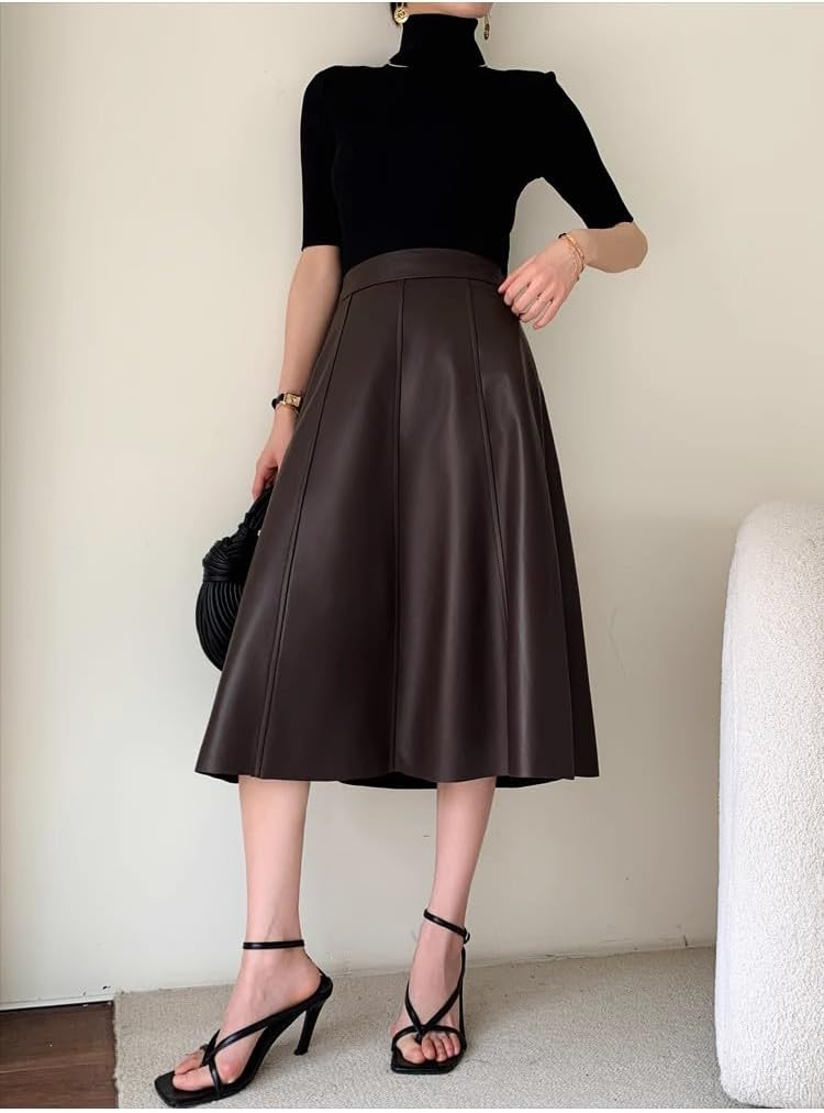 utcoco Womens Casual Long Leather Skirt High Waist A-Line Swing Midi-Length Faux Leather Skirts - Image 7
