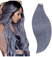 RUNATURE Tape in Hair Extensions Real Human Hair 12 Inch Color Grey Blue Hair Extensions Tape in ...