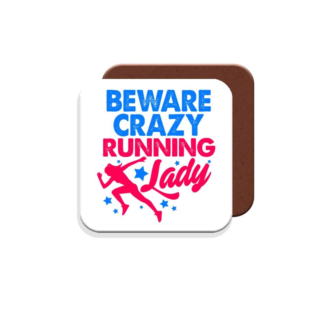 Coaster Gift for Runner/Running Enthusiast - Beware Crazy Running Lady - Giftset - Made by MUGGZ in The UK