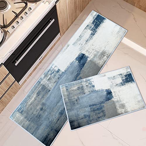 Tayney Blue Abstract Kitchen Rugs And Mats Non Skid Washable Set Of 2, Grey White Modern Kitchen Decor, Geometric Painting Graffiti Art Decor Kitchen Runner Rug #TOP16