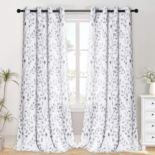 Image of MYSKY HOME Grey Printed Curtains 95 Inch Length 2 Panels for Living Room | Thermal Insulated Privacy Protection, Gray Botanical Patterned Window Drapes for Bedroom Farmhouse, Each Panel 52 inch W, Grommet