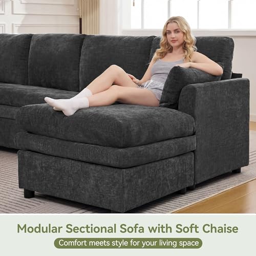 Image of 110 inch Sectional Couches with Double Chaises, Comfy Deep Dual-Layer Cushion Couch, 9 Seater Oversize Couch, Modern Modular Sofa, Chenille Sofas for Living Room, Apartment, Grey