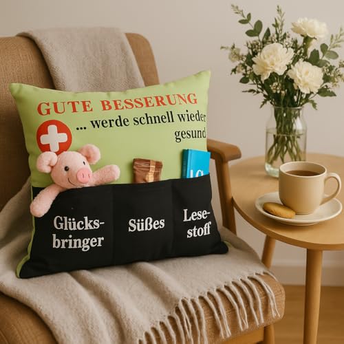 KAMACA Originelles Dekokissen Kissen mit 3 Taschen zum selber Befüllen Größe 43x43 cm tolles Geschenk (Gute Besserung)