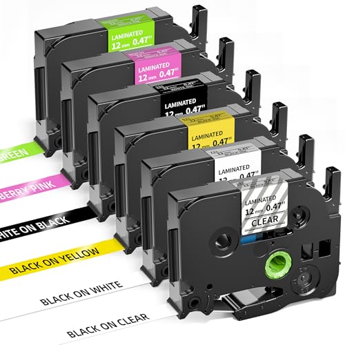 Replacement for Brother P Touch Label Maker Tape 12mm 0.47 Laminated for PT-H110 PT-D200 PT-D210 PTD220, Black on White/Clear/Red/Yellow/Blue/Green, 6-Pack