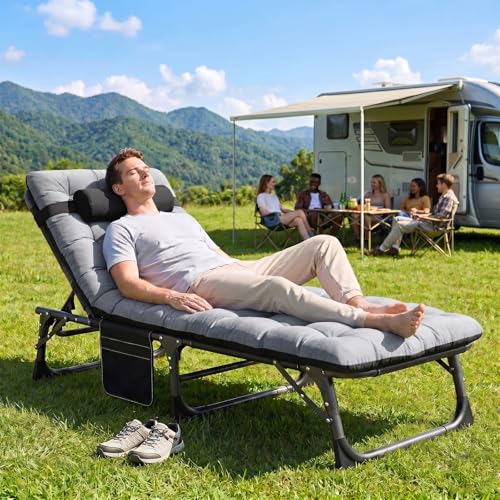 Image of ABORON Patio Lounge Chair, Folding Adjustable Chaise Chair, Max 450LB Load | 5-Gear Adjustable, Zero-Assemble, 75in Length, With Cotton Pad, Side Pocket, for Home, Garden, Beach, Office, Camping