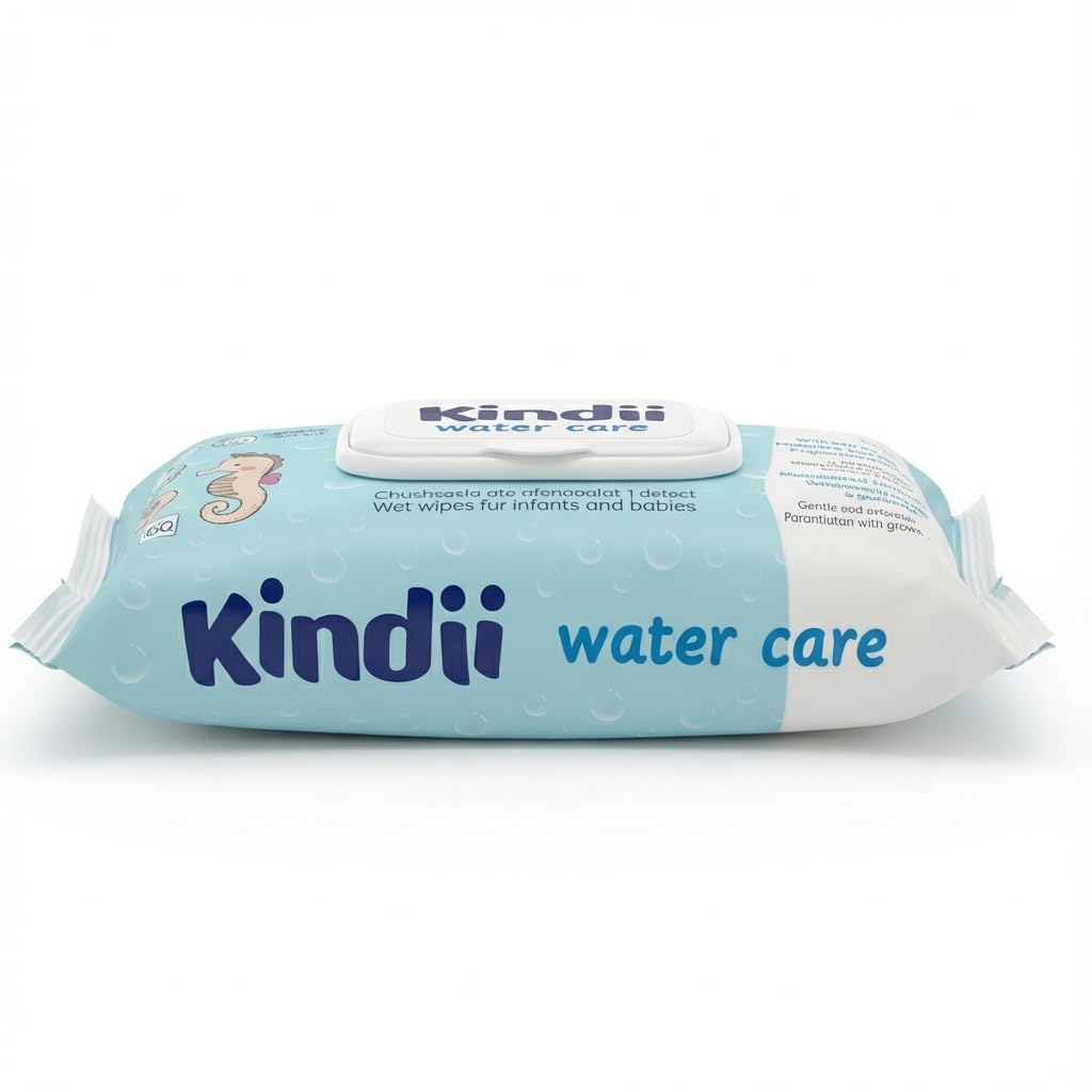 Kindii Water Care – Lingettes Humides Bébé, 60 unités, 100% Viscose, 99,9% Eau, Extrait de Pamplemousse, 150 × 200 mm, Pour Nouveau-Nés, non parfumées – Peaux Sensibles