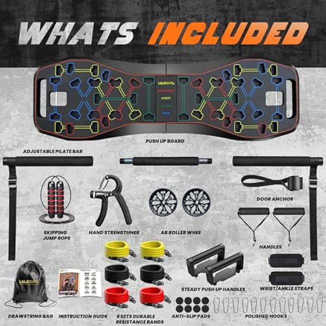 LALAHIGH Push Up Board,36 in 1 Home Gym Equipment with Ab Roller Wheel & Resistance Bands, Portable Foldable Workout Board for Full Body Strength Training Men Women