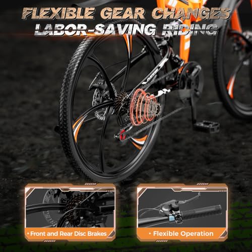 Image of Outroad 26 Inch Folding Mountain Bike, 21 Speed Full Suspension High-Carbon Steel MTB Foldable Bicycle, Dual Disc Brake Non-Slip Adjustable Seat Folding Bikes for Adults /Men /Women, Black, Orange