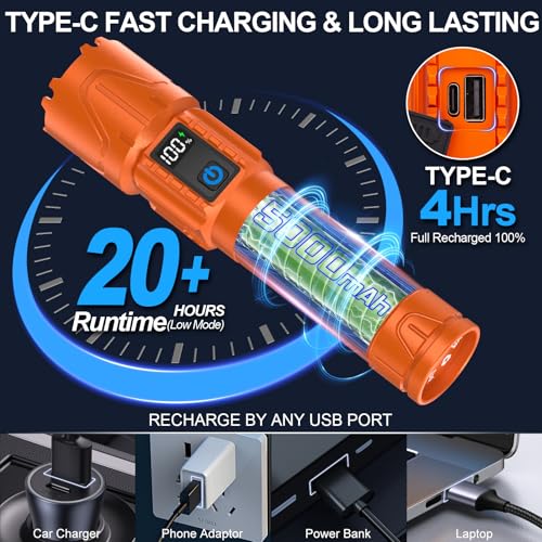 Image of Tactical Flashlight Super Bright High Lumens Rechargeable LED Flash Light | 5000ft Beam, 5000mah, 20H Long Lasting, USB C Charging, Zoomable 5 Modes, Waterproof for Camping Hiking Emergency Men Gift