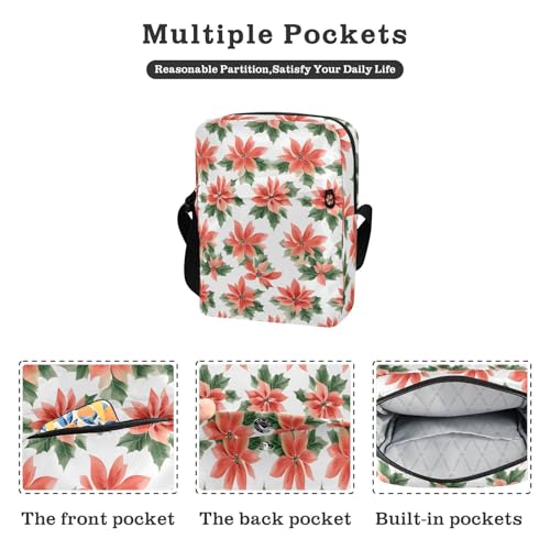 Crossbody Bag Christmas Poinsettia Flowers Holly Leaves Messenger Bag for Women Men Purse Shoulder Bag Satchel Bag with Adjustable Strap 214B80572