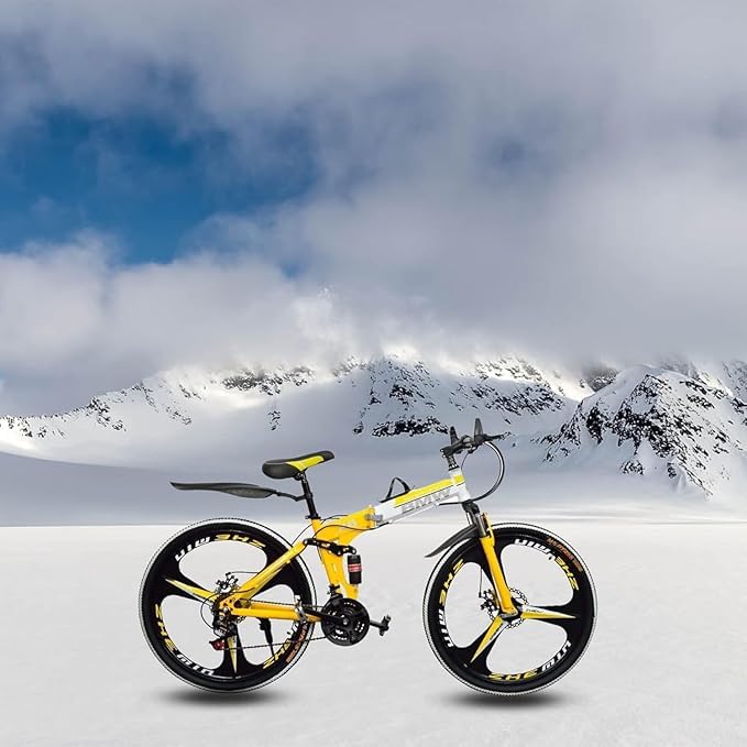 Image of Amaze Kai Dual Suspension Bikes Bmv Foldable Gear Cycle for Men with 21 Speed Gear 3 Spoke | Folding Mountain Bike with Double Disc Break & Mac Wheel, 26 Inch (Yellow)