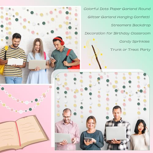 Image of Outus 5 Pieces Colorful Circle Garland Banner Hanging Paper Dot Decorations for Classroom, Birthday Party, Baby Shower, Wedding Backdrop & Photo Booth Graduation Decor (Sage Green,Pink,Gold)