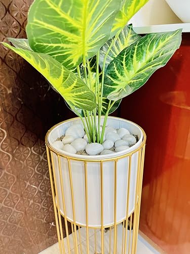 Image of Modern Metal Decorative Floor Standing White And Gold Indoor Outdoor Plant Stand With Pot For Home Decor Living Room Office Bedroom Balcony Set of 2 Flower Pots (Green)