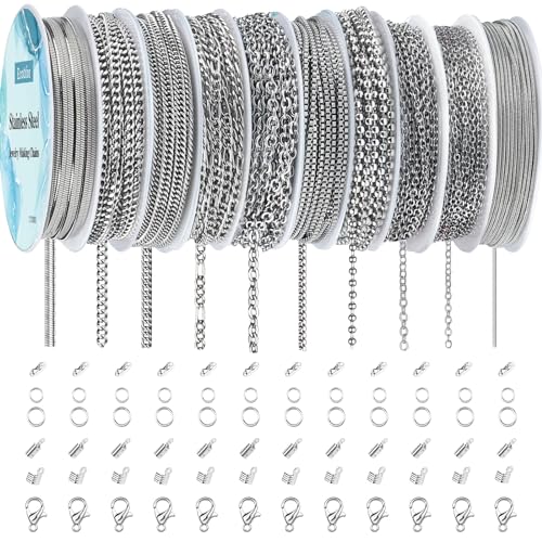 Ecoofor Necklace Chains for Jewelry Making 82 Feet 10 Rolls Stainless Steel Jewelry Chains for Men Women DIY Necklace Bracelet Jewelry with Jump Rings/Lobster Clasps/Connectors