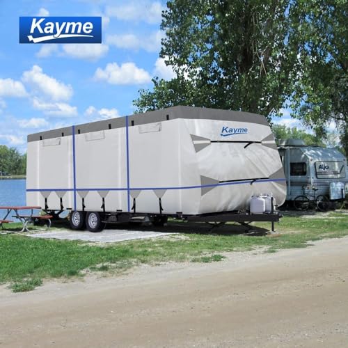 Image of Kayme 300D Oxford Travel Trailer RV Cover, Tearproof Waterproof Windproof 28-31ft Camper Cover, RV Tarp Anti-UV Snowproof with Zipper Door, Wind Protector Straps，4 Tire Covers, and Jack Cover.