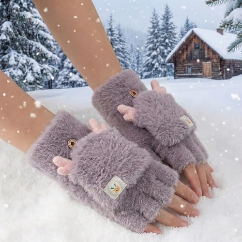 Image of Kraptick Women's Cute Reindeer Plush Convertible Fingerless Gloves - Winter Warm Fluffy Flip-Top Mittens - Korean Style Soft Hand Warmers for Girls & Ladies (Free Size, White)-3