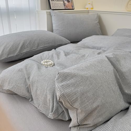 Image of VM VOUGEMARKET Washed Cotton Grey Striped Duvet Cover Set King,Pinstripes Duvet Cover with 2 Pillowcases Modern Simple Farmhouse Style Bedding Set-Vertical Stripes