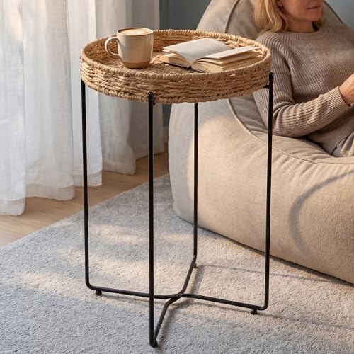 doporro Beistelltisch rund, Kleiner Tisch, Couchtisch Klein mit 1 geflochtenen Ablagen aus natürlichem Papierseil für Wohnzimmer, Schlafzimmer und Balkon, Nachttisch 37 x 55 cm, Schwarz Reglo-08