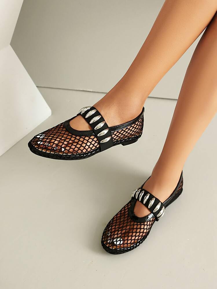 HIPPOSEUS Womens Fishnet Ballet Flats Mary Jane Flat Slippers Summer Comfortable Ballerina Flat Shoes4