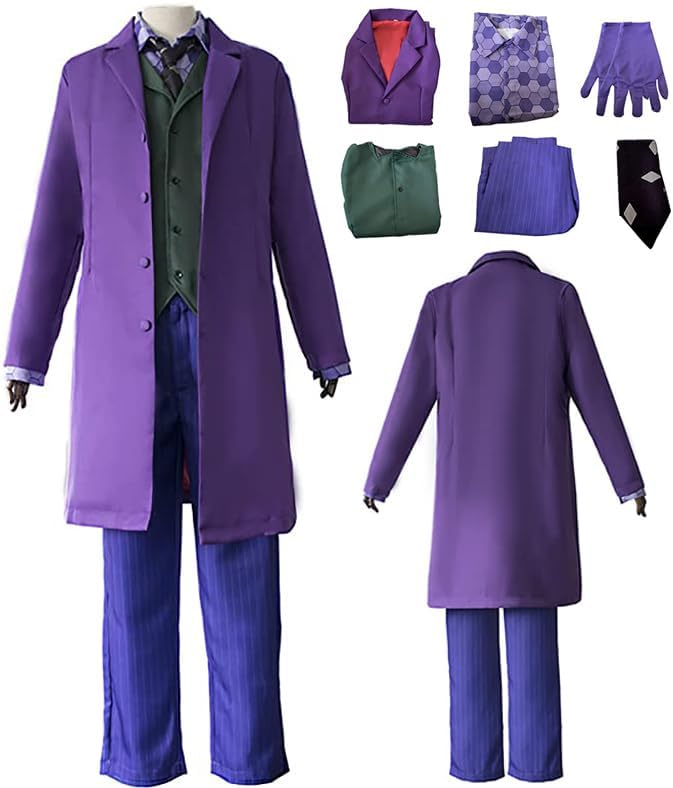 Disfraz de Joker para hombre y adulto, disfraz de payaso Joker, abrigo, camisa, guantes, accesorios, traje de Halloween
