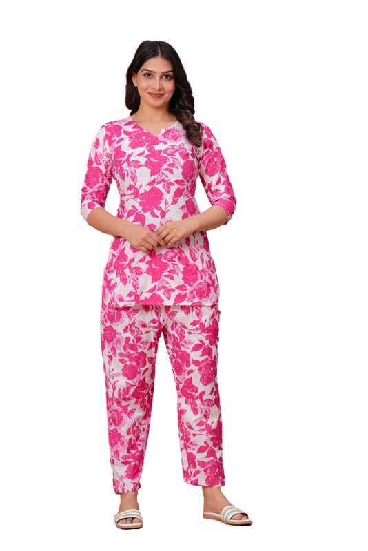 Image of 100% Cotton Printed Night Suit for Women's Shirt and Pyjama Sleep wear Set for Womens and Girls