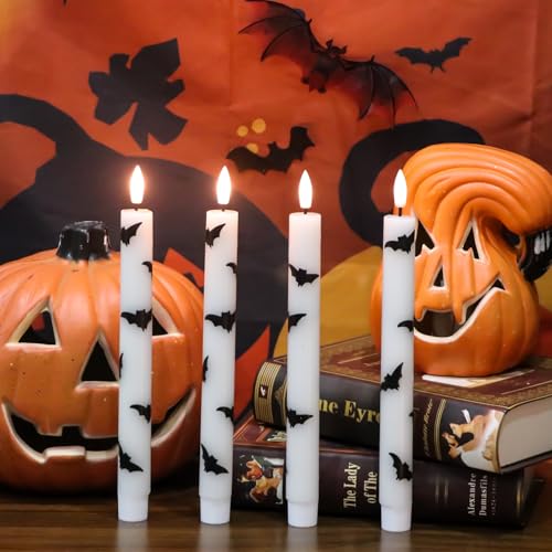 Image of Halloween Flameless Taper Candles with Remote Timer, 4 Pack LED Flickering Candlestick, 9.65 Inch Battery Operated Real Wax Candles with Bat Prints for Halloween Decorations