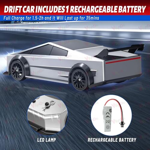 Image of VikriDA 1:24 Scale RC Drift Car - 4WD High-Speed RC Racing Car with LED Lights, 2.4GHz Controller, One Rechargeable Batteries & Drifting Tires - Silver