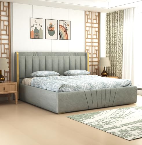 Image of MAMTA DECORATION Upholstered Queen Size Bed with Box Storage for Bedroom Furniture Solid Wood Fabric Bed Wooden Double Bed Cot Palang for Home Living Room and Hotels (Grey)