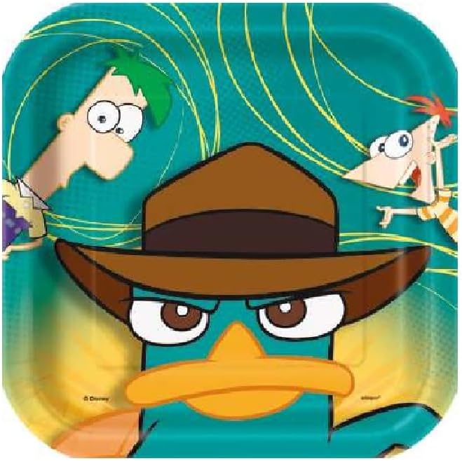 Phineas and Ferb Birthday Party Supplies Bundle includes 16 Paper Plates 9", 1 Award Ribbon, 16 Party Blowouts, 1 Dinosaur Sticker Sheet