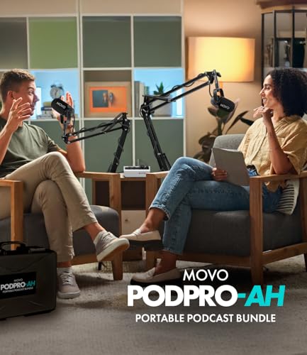 Image of Movo Portable Podcast Equipment Bundle for iPhone /Android Phones- Podcast Kit with Audio Interface, 2 CastMic Dynamic Mics, 2 Stands - For Smartphones, Computers (with Boom Arms and Headphones)