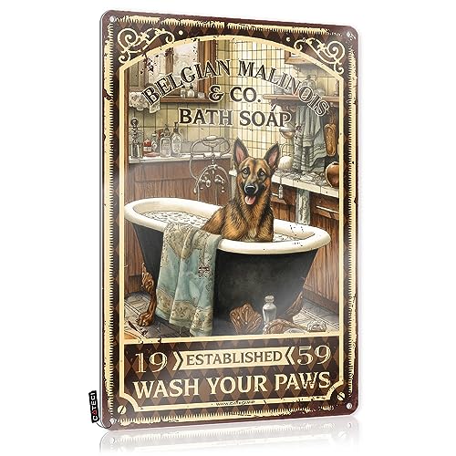 Belgian Malinois Bath Soap Wash Your Paws Cartel de lata Cottage Core Decor80S Decoración de habitación Divertidos letreros de baño Decoración de pared Patrones de costura para hombre (Color: Color