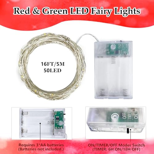 Image of 4 Pack Fairy Lights Battery Operated Christmas Lights Timer Red and Green