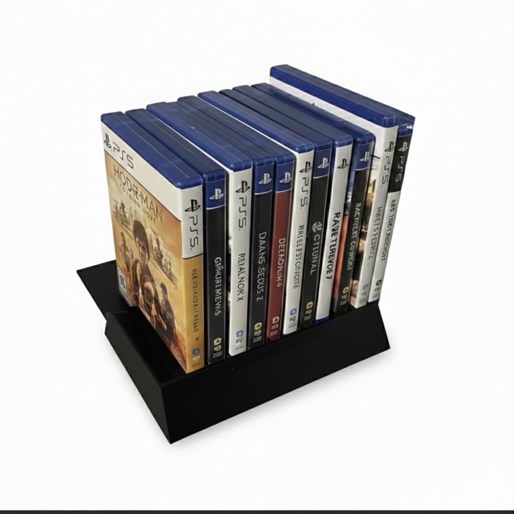 Black Disc Storage Organizer, Desktop Media Rack with Multiple Slots for CD DVD Game Discs, Plastic Stand Holder (Black)