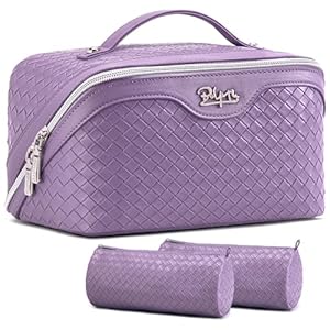 BOYATU Bolsa de maquillaje de viaje para mujer, bolsa de maquillaje de gran capacidad, juego de 3 piezas, bolsa de maquillaje con compartimentos, bolsas organizadoras de artículos de tocador de cuero