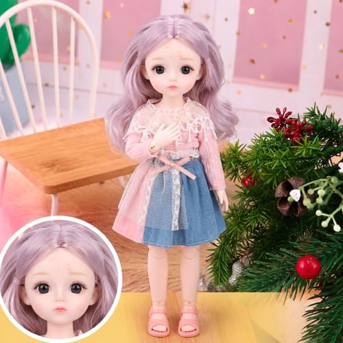 Image of Tickles Set Movable Jointed Cute Girl Brown Eyes Fashionable Doll Multicolor Flower Print for Kids Girls (Size: 30 cm Color: Pink & Blue)