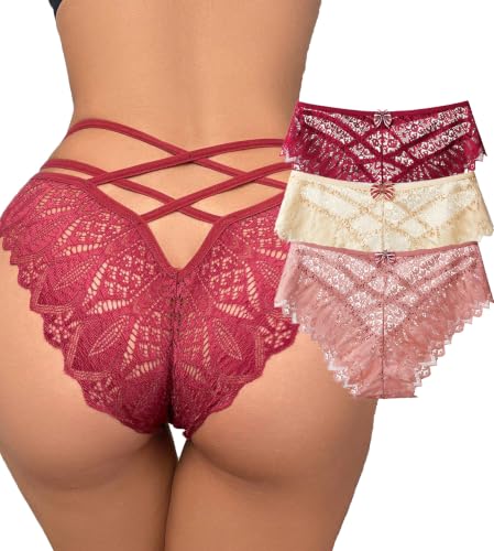 Image of Womens Sexy Thongs Lace Panties Underwear Low Rise Plus Size Underpants Pack of 1-3