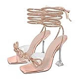 Sexytag Gold Heels: Clear Bow, Diamante Lace Up, Sparkly Rhinestone, Stiletto Heel Sandals - Crystal Diamond Embellished, Open Toe, Strappy High Heels - Cute Wedding Dress Party Shoes - Size 8