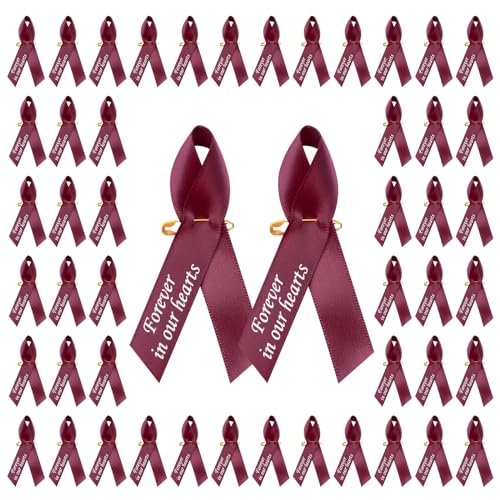 WANDIC 100pcs Burgundy Ribbon Pins Multiple Myeloma Awareness Badges Sickle Cell Anemia Brooch Memorial Ribbon Badges in Forever in Our Hearts for Funeral Mourning Event Bereavement Remembrance