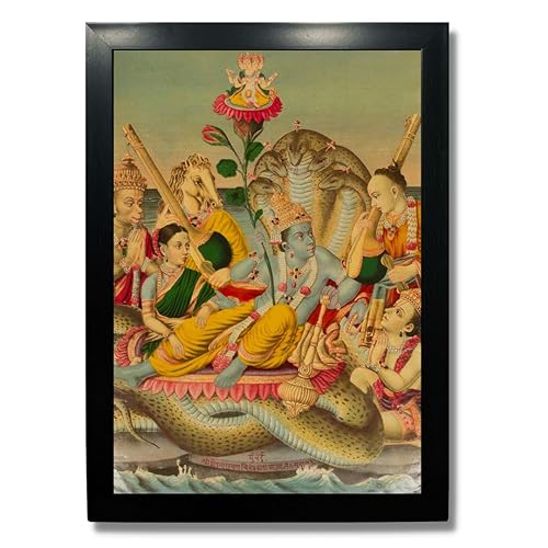 Image of Kagaz Kala - Vintage Art Prints - Hindu God Photos with Frames For Pooja Room Bedroom Living Room Decor Gifts Framed (Shri Vishnu Narayana on Shesha)
