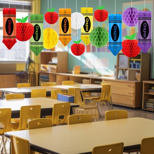 Image of 24Pcs Apple-Shaped Crayon-shaped Hanging Honeycomb Balls Welcome Back to School Classroom Decorations for Teacher Appreciation Week First Day of School Party Supplies Decor
