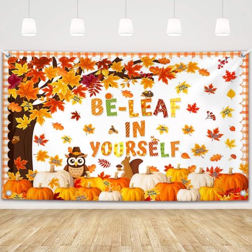 MEHOFOND Be Leaf in Yourself Backdrop Autumn Back to School Photography Background Fall Maple Tree Inspirational Decorations for Classroom Home 6x3.6ft