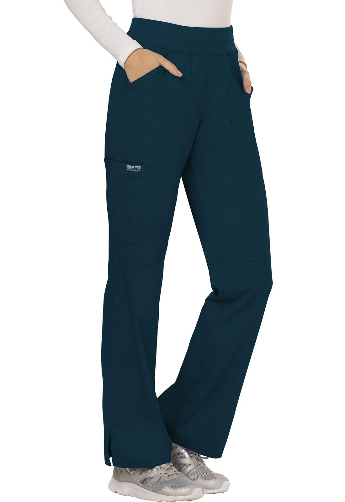 Cherokee Conjunto de uniforme médico para mujer, ajuste clásico moderno, WW610 con tiro medio, pantalón recto WW110, azul caribeño, talla M, pantalón alto