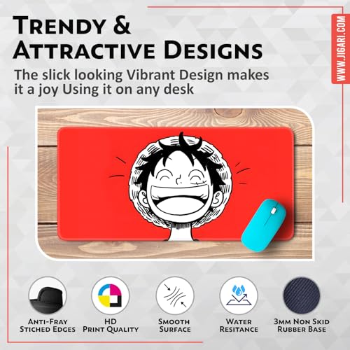 Image of Anime Theme Printed XL Extended Stich Edge Mousead | Smooth Surface Gaming Mousepad with Anti-Slip Rubber Base | 3mm Thick - 11 x 23 Inch (Happy Luffy (P106))
