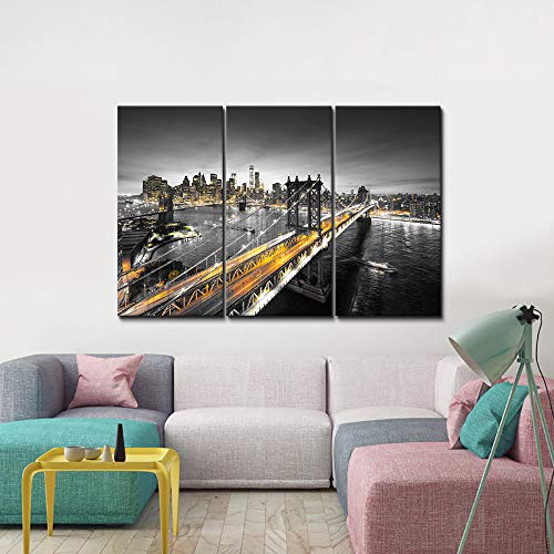 3 Piece New York Night View Canvas Prints Manhattan Cityscape Picture Brooklyn Bridge Wall Art Black White Yellow City Painting Modern Art Work For Living Room Home Decor 16"X32"X3 Panels #TOP1