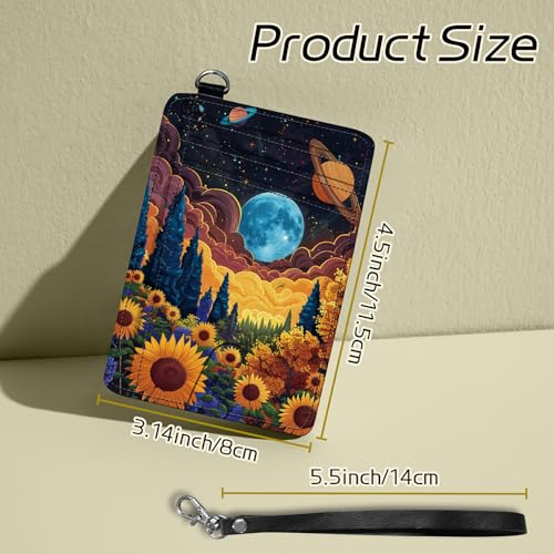 Image of Small Travel Wallets, Starry Sunflowers Cosmic Planet Slim Minimalist Front Pocket Wallet with Wristlet, RFID Blocking PU Leather Credit Card Holder with ID Window Change Purse for Men Women