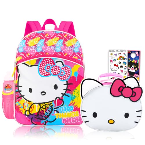 Hello Kitty Mochila com conjunto de lancheira – Pacote com bolsa escolar, lancheira, adesivos, garrafa de água, mais | Pacote de material escolar Hello Kitty para crianças