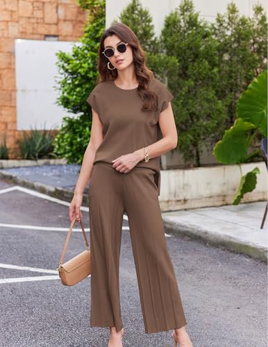 Image of Ekouaer Lounge Sets for Women Two Piece Outfits Knit Cap Sleeve Tops Wide Leg Pleated Pants Casual Dressy Sweater Sets