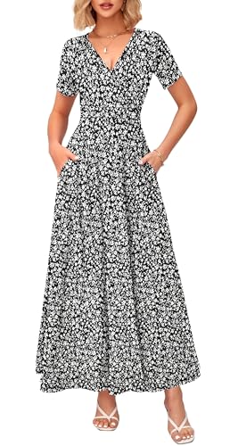 Image of WNEEDU Women's Summer Maxi Dress Short Sleeves Wrap V Neck Long Dresses with Pockets